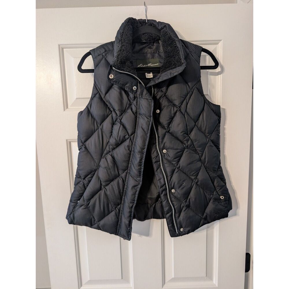 Eddie Bauer Women's Black Quilted 650 Down Vest Sherpa Collar M